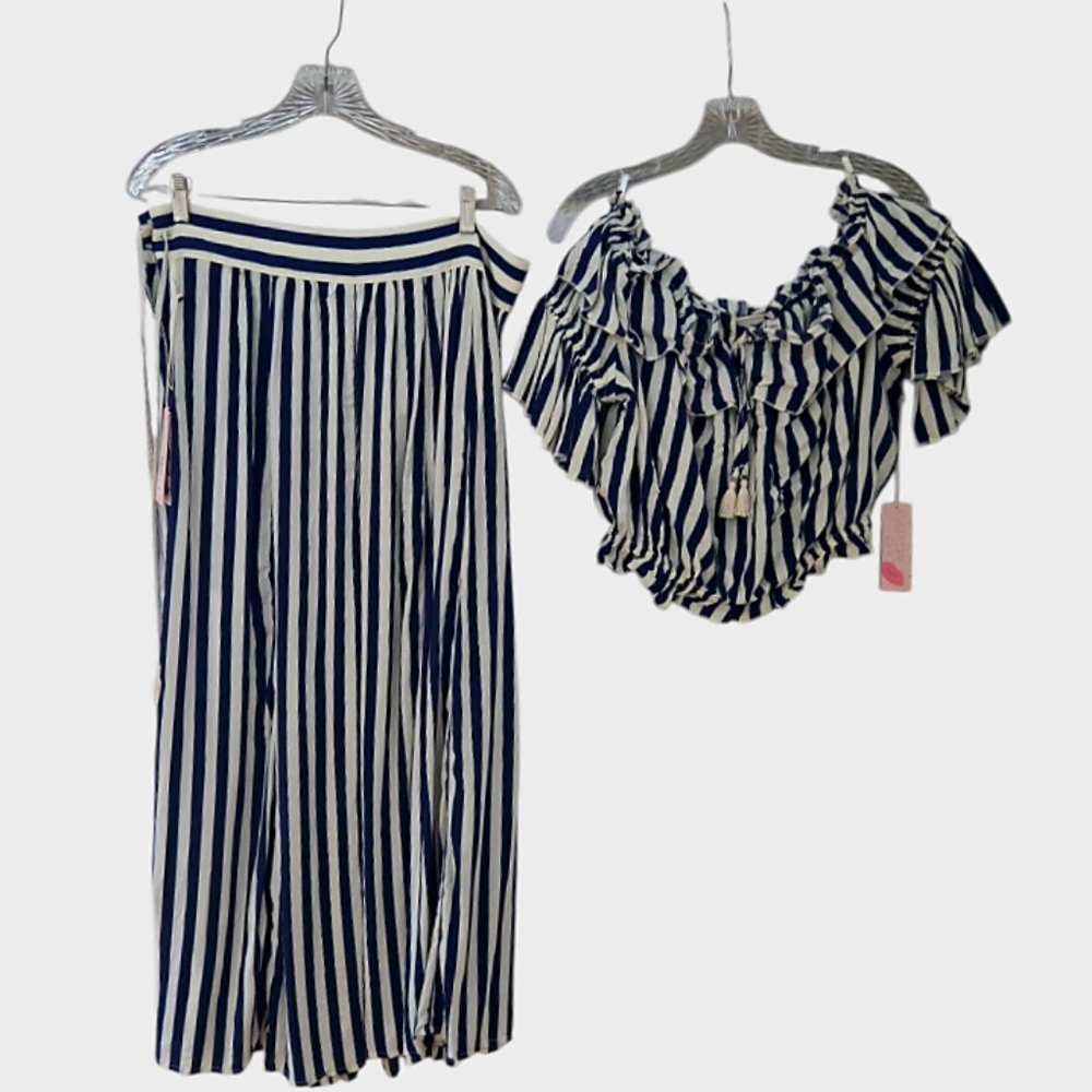 NY&C Eva Mendes Blue & White Stripe 2 Piece Skirt & Top L NWT - Picture 8 of 11